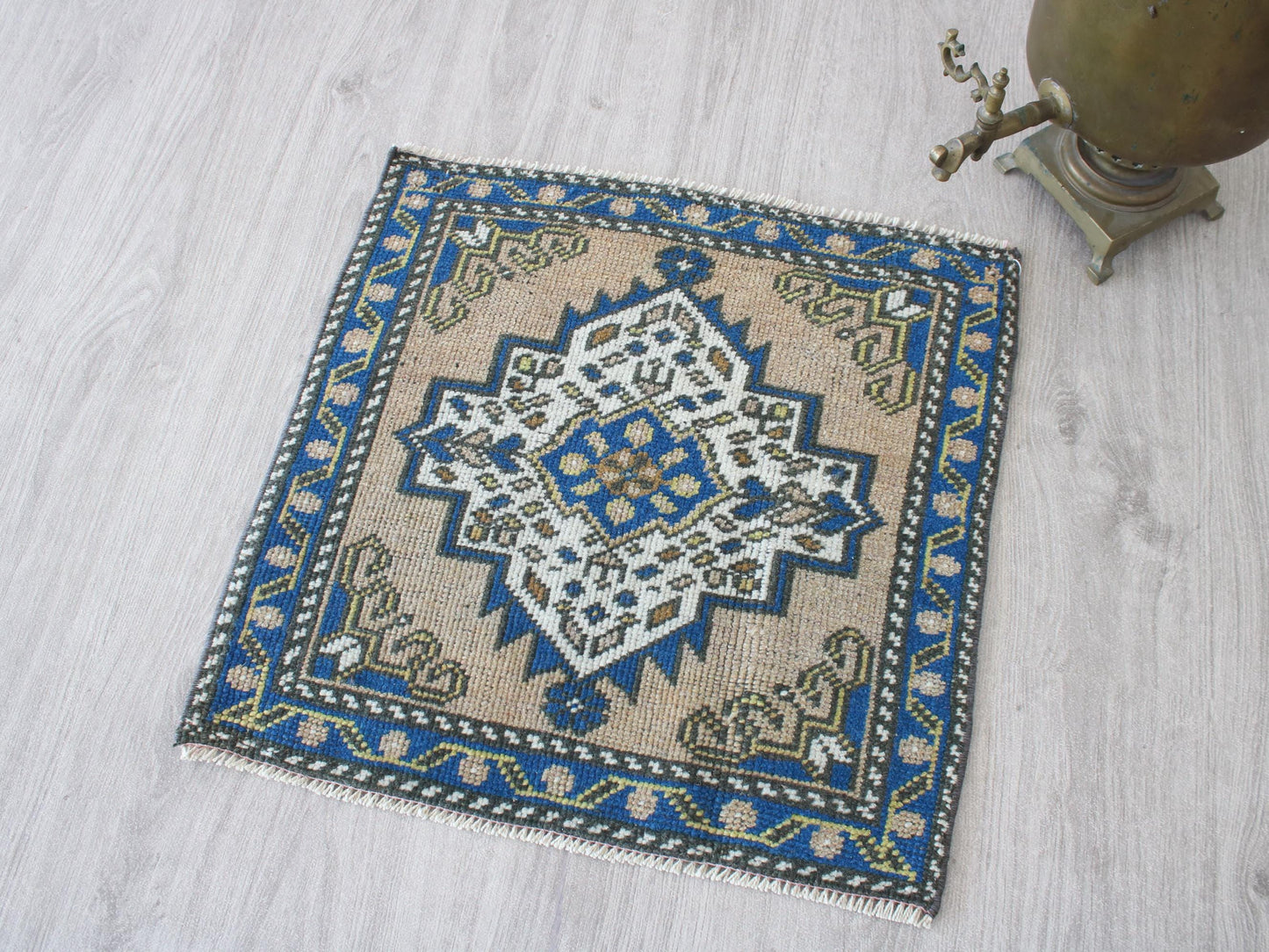 Square Entry Mat, Small Doormat Rug, Vintage Blue Welcome Rug, 2x2 Ft, Wool Turkish Rug, Anatolian Traditional Mini Rug