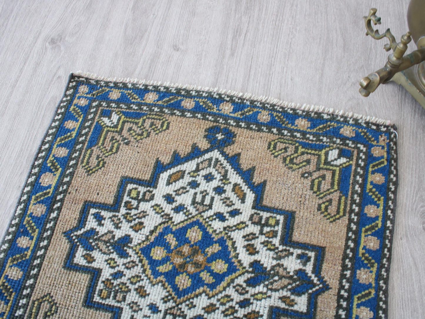 Square Entry Mat, Small Doormat Rug, Vintage Blue Welcome Rug, 2x2 Ft, Wool Turkish Rug, Anatolian Traditional Mini Rug