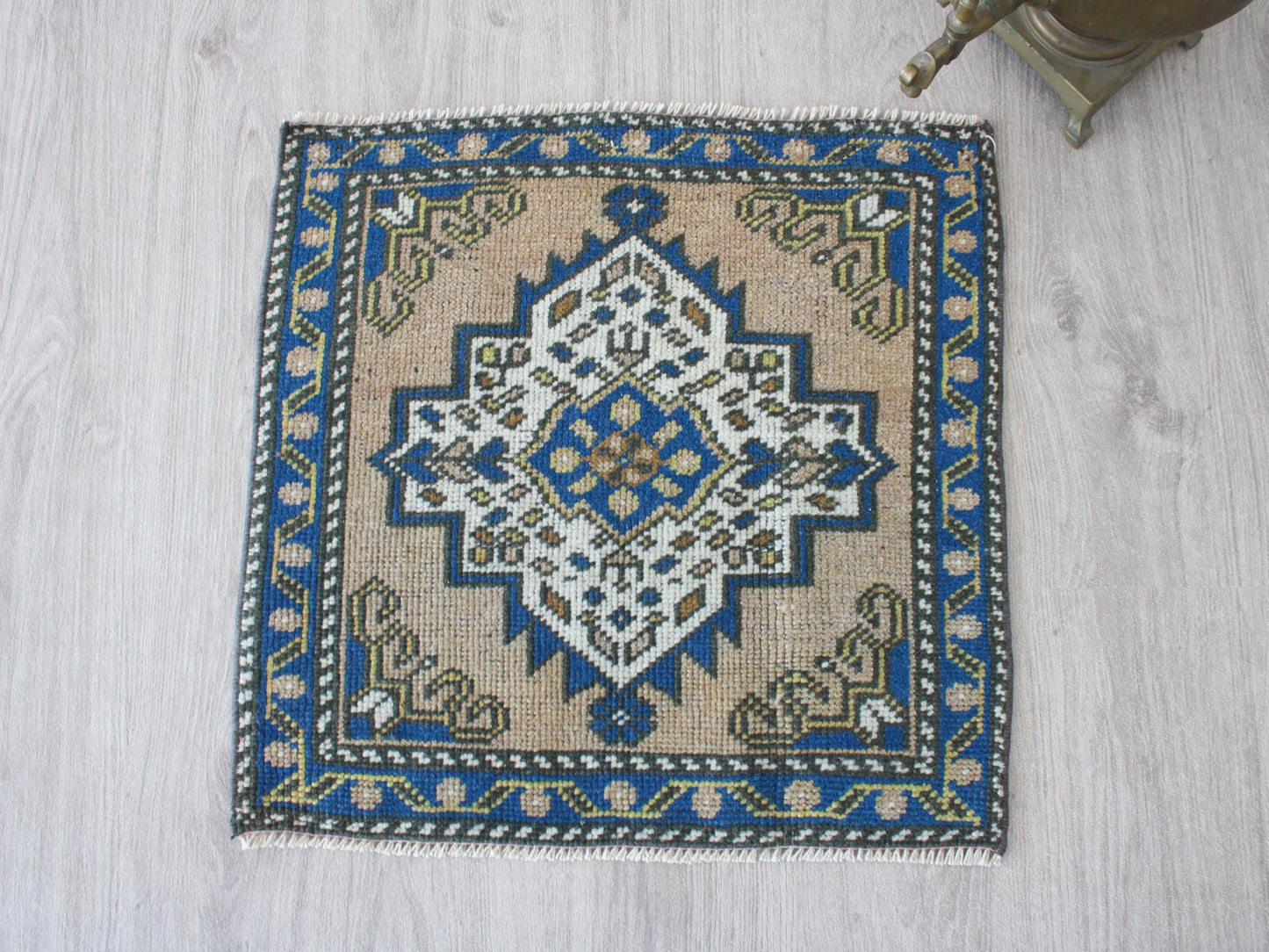 Square Entry Mat, Small Doormat Rug, Vintage Blue Welcome Rug, 2x2 Ft, Wool Turkish Rug, Anatolian Traditional Mini Rug