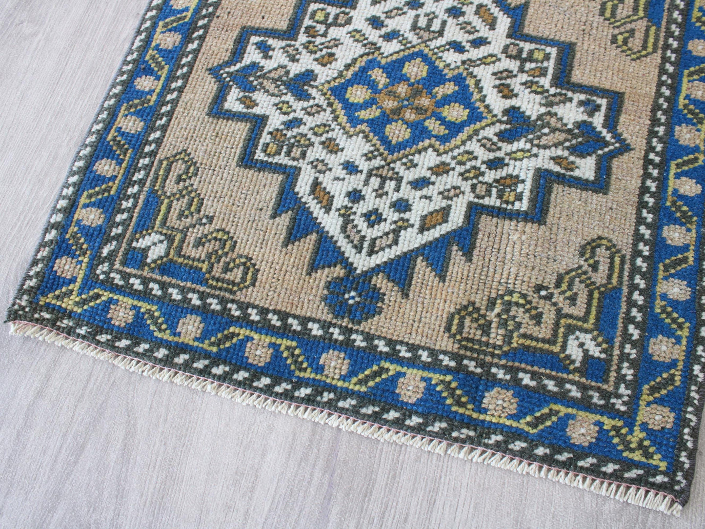 Square Entry Mat, Small Doormat Rug, Vintage Blue Welcome Rug, 2x2 Ft, Wool Turkish Rug, Anatolian Traditional Mini Rug