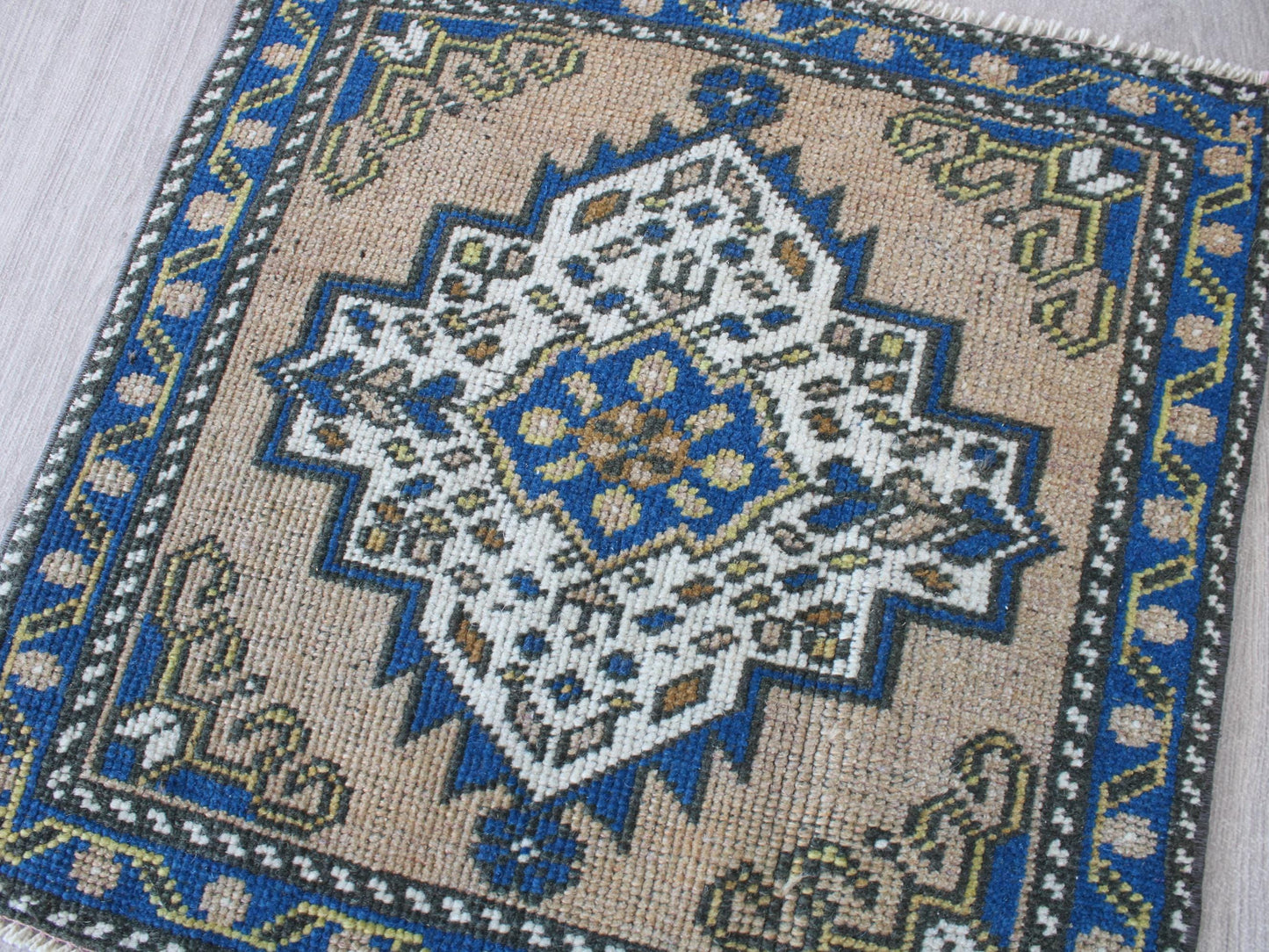 Square Entry Mat, Small Doormat Rug, Vintage Blue Welcome Rug, 2x2 Ft, Wool Turkish Rug, Anatolian Traditional Mini Rug