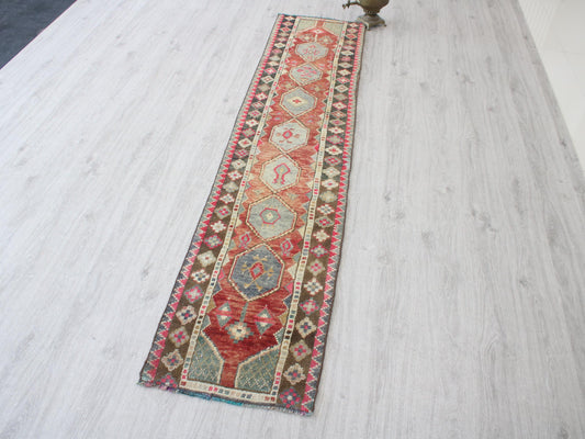 Narrow Turkish Runner Rug, Red Stair Decor Rug, 2x9 Ft, Corridor Rug, Vintage Turkish Long Rug, Hanmade Wool Rug