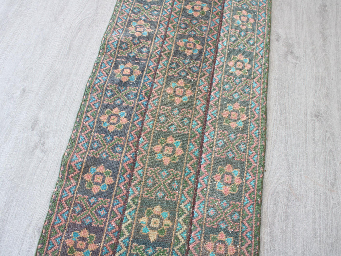 Affordable Oushak Traditional Patchwork Runner Rug, 2x10 Ft, Blue Green Patchwork Rug, Hallway Runner, Farmhause Rug, Kitchen Rug
