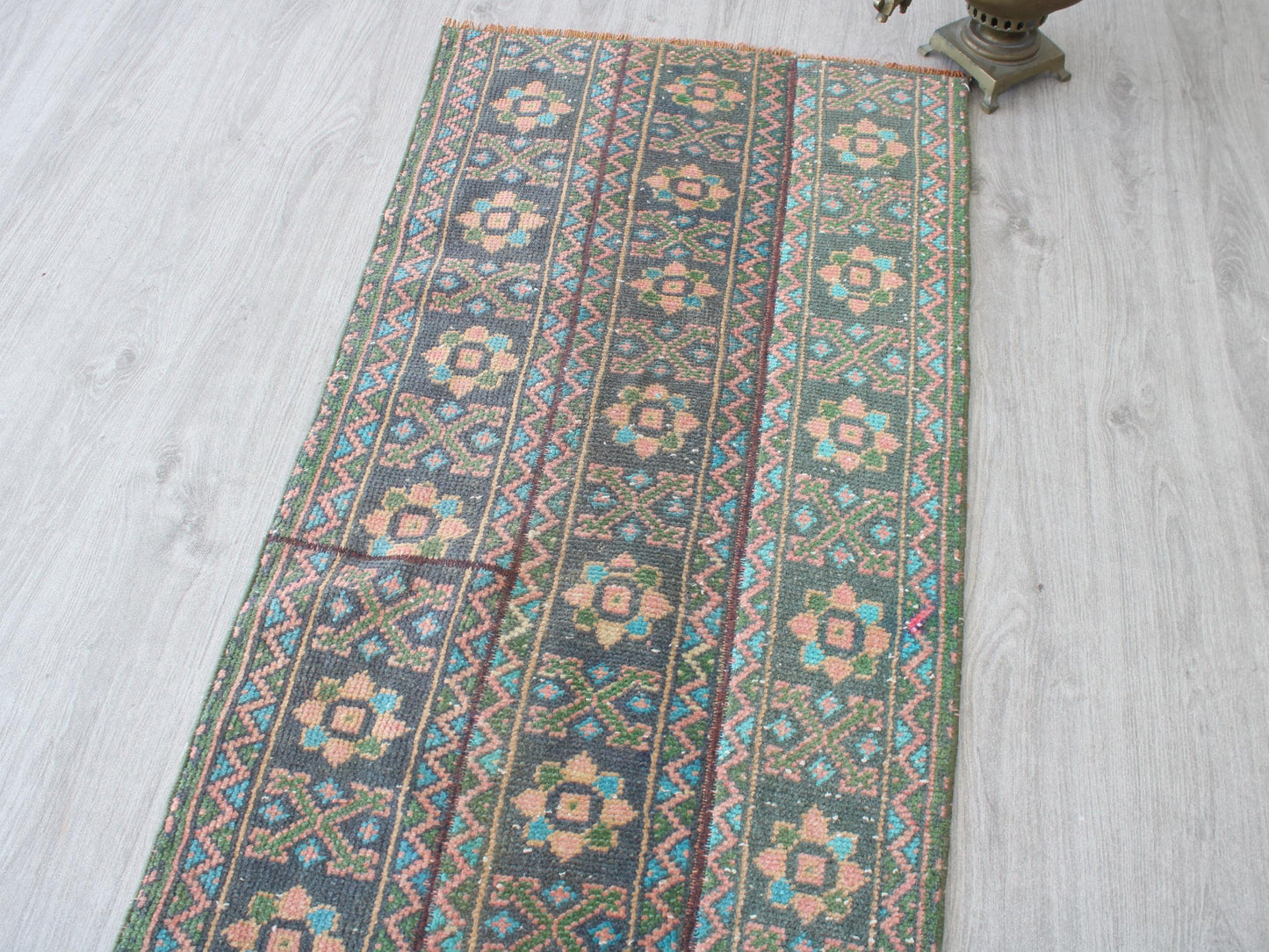 Affordable Oushak Traditional Patchwork Runner Rug, 2x10 Ft, Blue Green Patchwork Rug, Hallway Runner, Farmhause Rug, Kitchen Rug