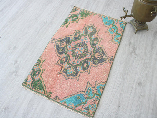 Turkish Handmade Doormat, Vintage Entry Mat, Welcome Rug, 2x3 Ft, Orange Green Door Mat, Rustic Small Rug
