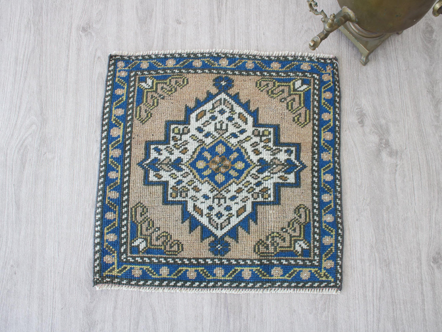 Square Entry Mat, Small Doormat Rug, Vintage Blue Welcome Rug, 2x2 Ft, Wool Turkish Rug, Anatolian Traditional Mini Rug