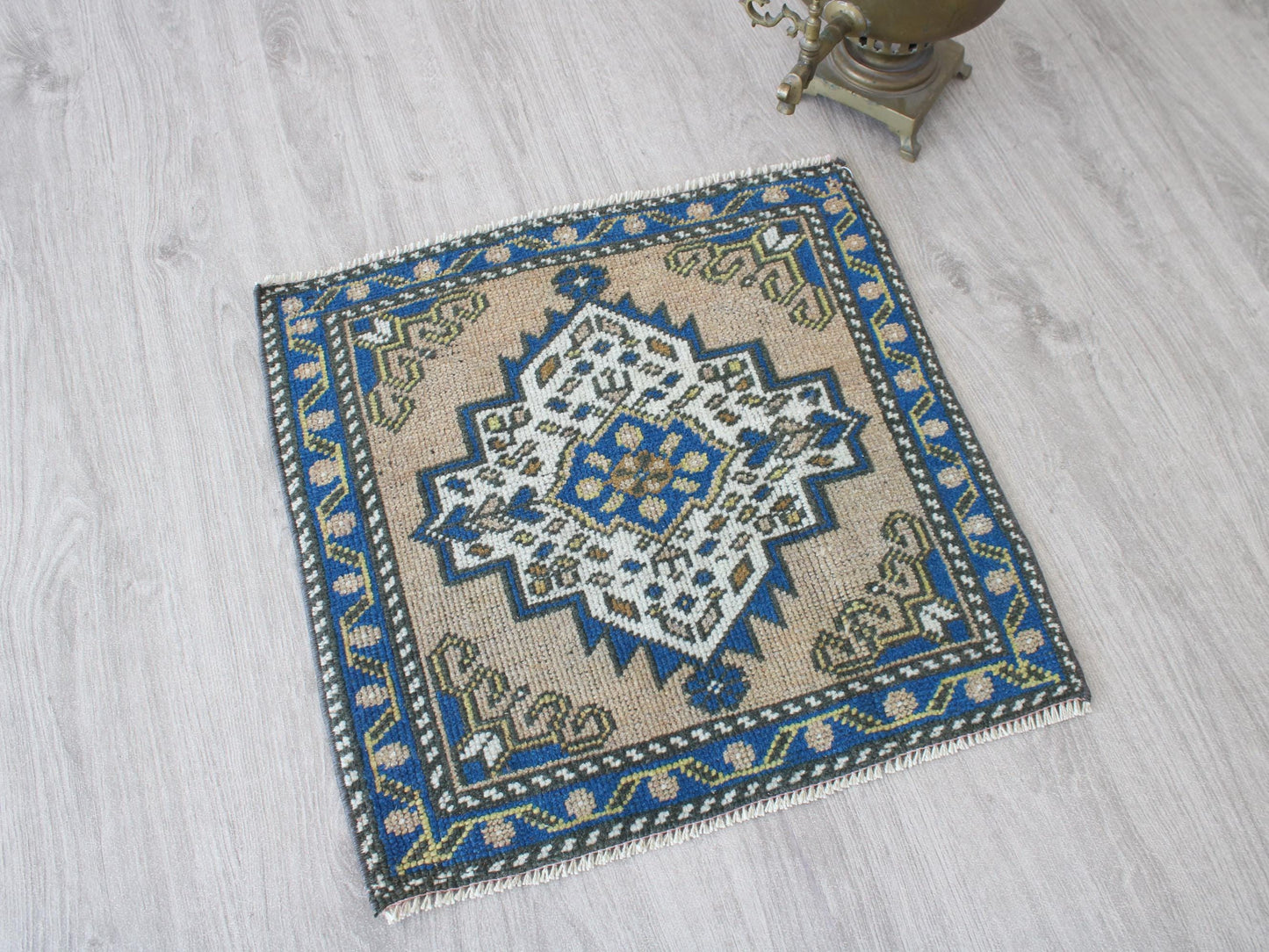 Square Entry Mat, Small Doormat Rug, Vintage Blue Welcome Rug, 2x2 Ft, Wool Turkish Rug, Anatolian Traditional Mini Rug