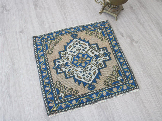 Square Entry Mat, Small Doormat Rug, Vintage Blue Welcome Rug, 2x2 Ft, Wool Turkish Rug, Anatolian Traditional Mini Rug