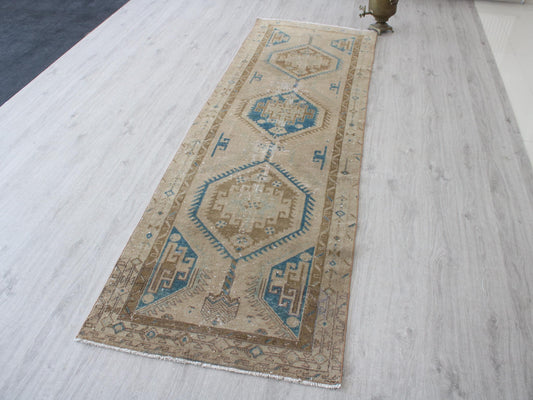 Vintage Oushak Runner Rug, Blue Beige Hallway Rug, Handmade Corridor Rug, 3x10 Ft Rug, Faded Runner Rug