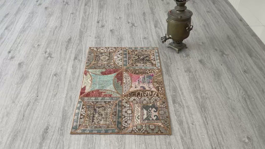 2x3 Vintage Turkish Patchwork Rug - 2'3"x3'4" Colorful Handmade Small Accent Rug for Entryway & Kitchen