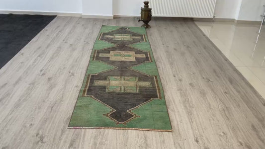 Handmade 3x10 Ft Vintage Oushak Runner Rug, Green Beige Oriental Wool Turkish Hallway Rug