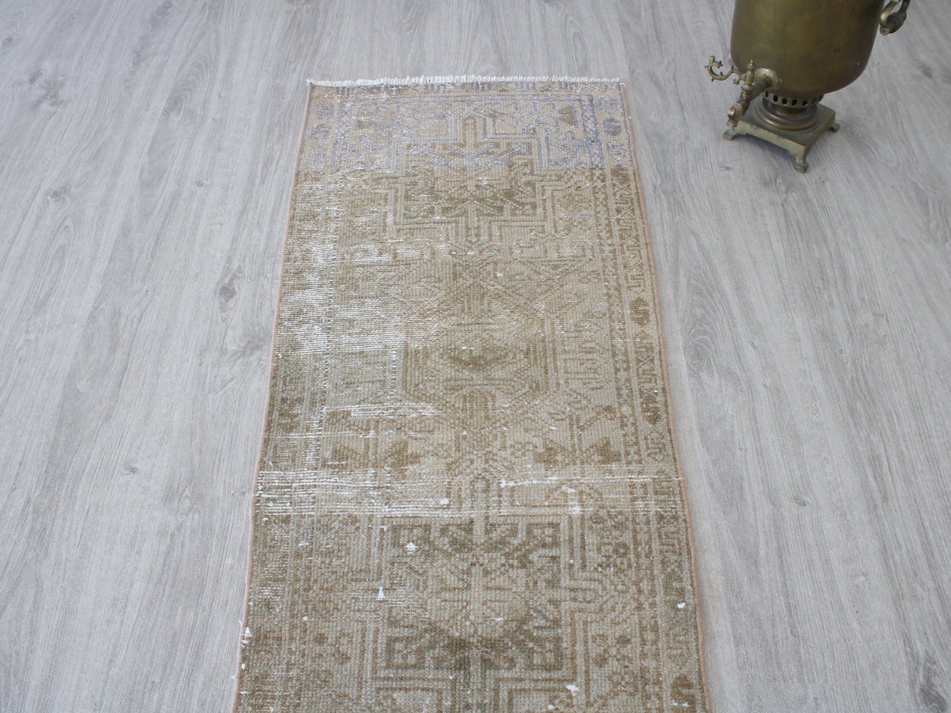 Full view of a vintage pink beige Oushak runner rug 2x9 handwoven wool