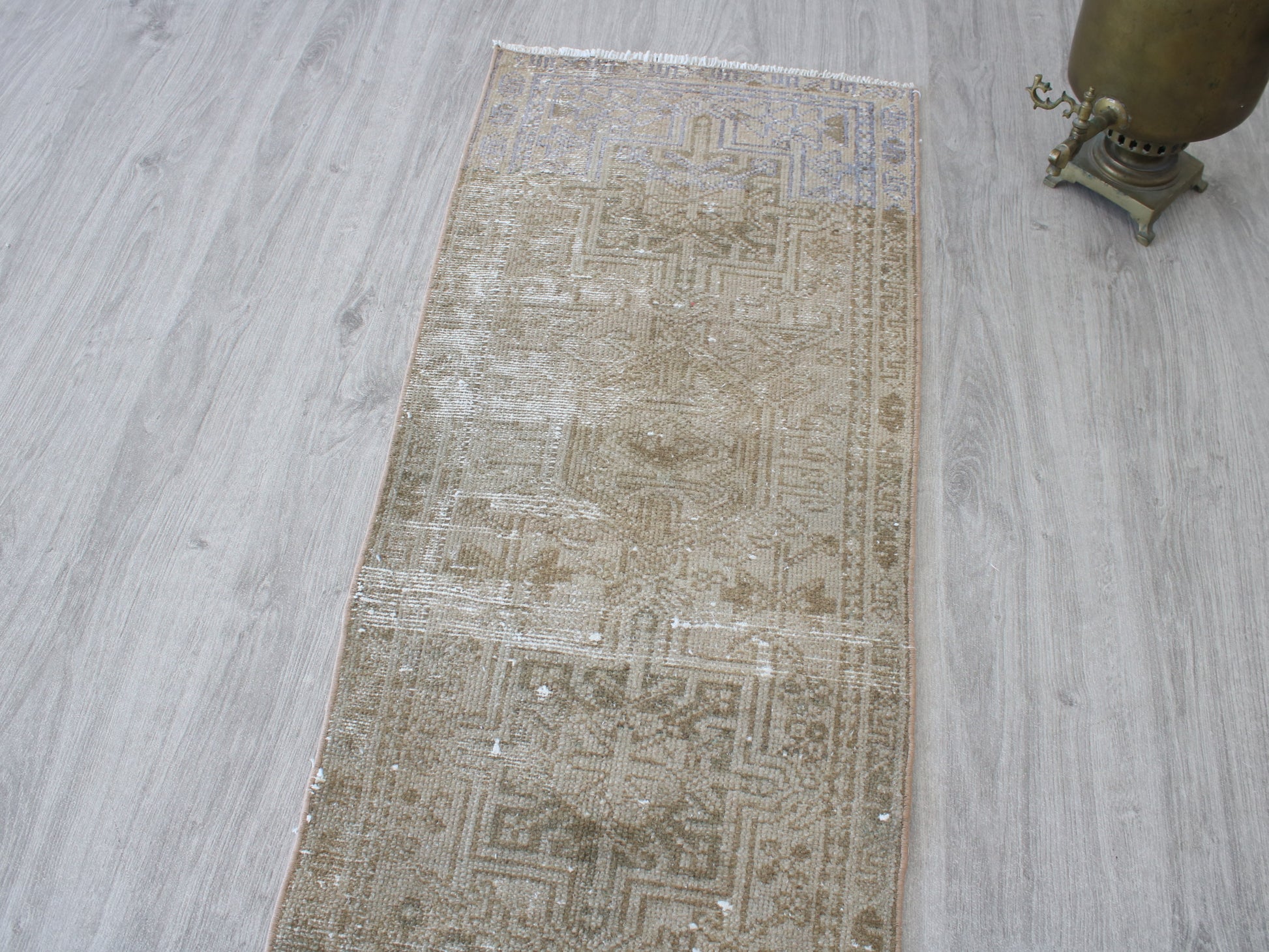 Full view of a vintage pink beige Oushak runner rug 2x9 handwoven wool