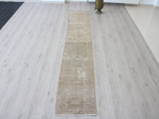 Full view of a vintage pink beige Oushak runner rug 2x9 handwoven wool