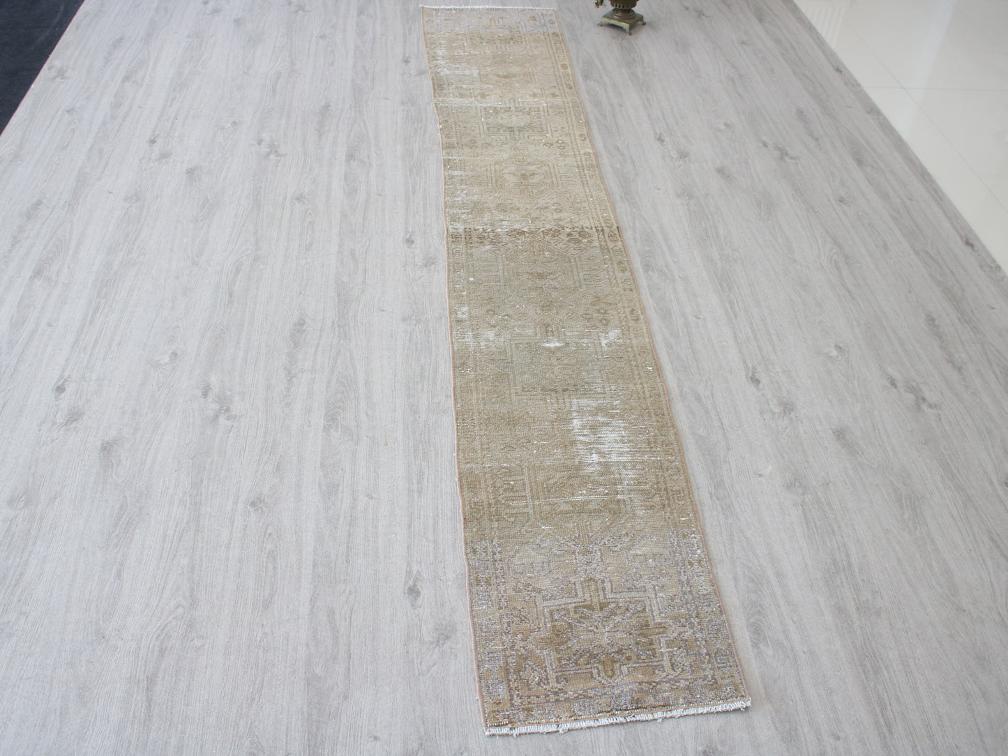 Full view of a vintage pink beige Oushak runner rug 2x9 handwoven wool
