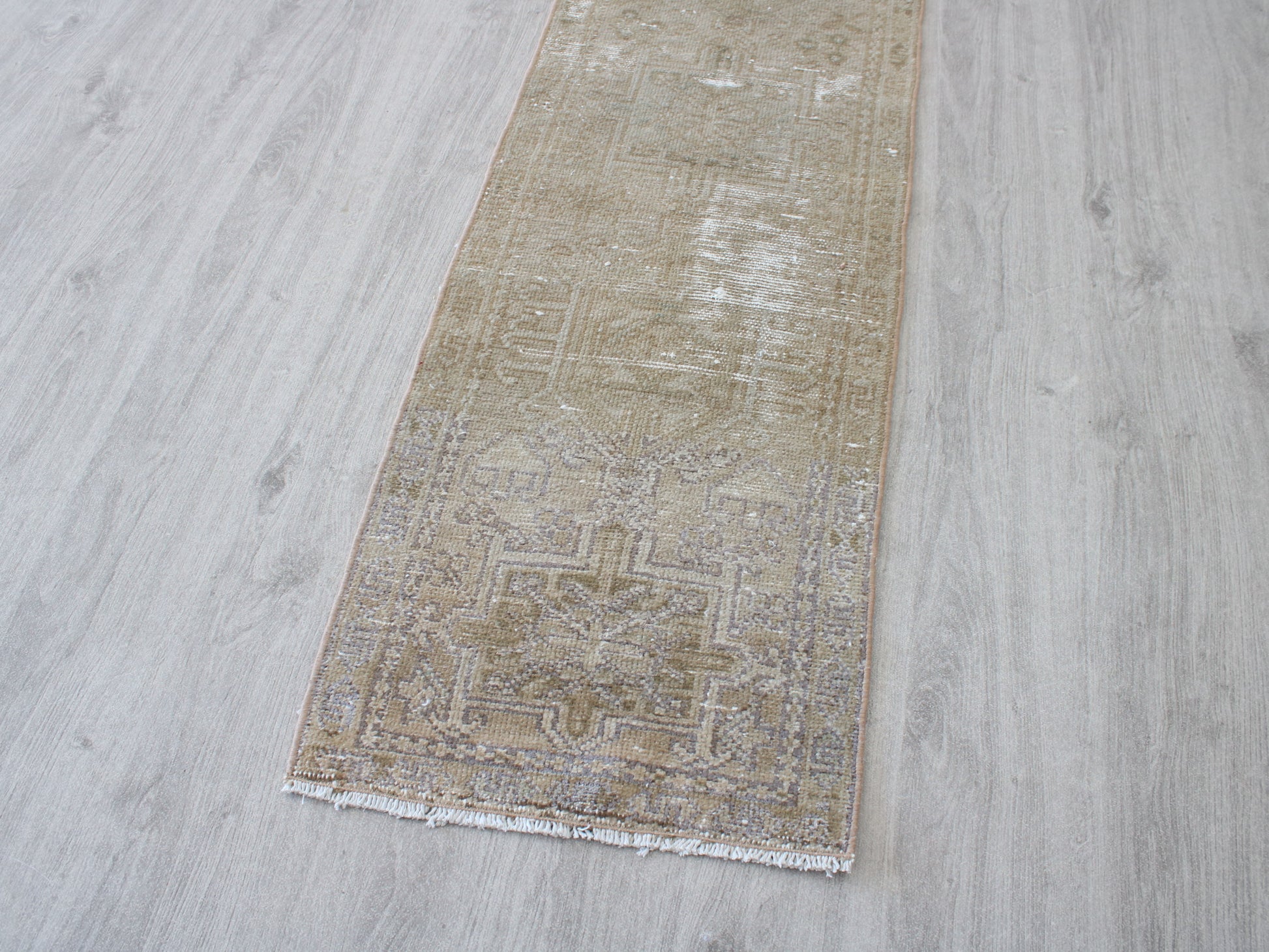 Full view of a vintage pink beige Oushak runner rug 2x9 handwoven wool
