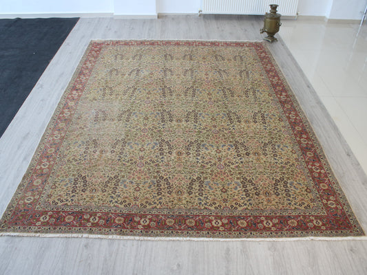 A rectangular traditional area rug with an intricate floral and geometric pattern, featuring a beige center field and a reddish-brown border, displayed on a light gray wood floor.