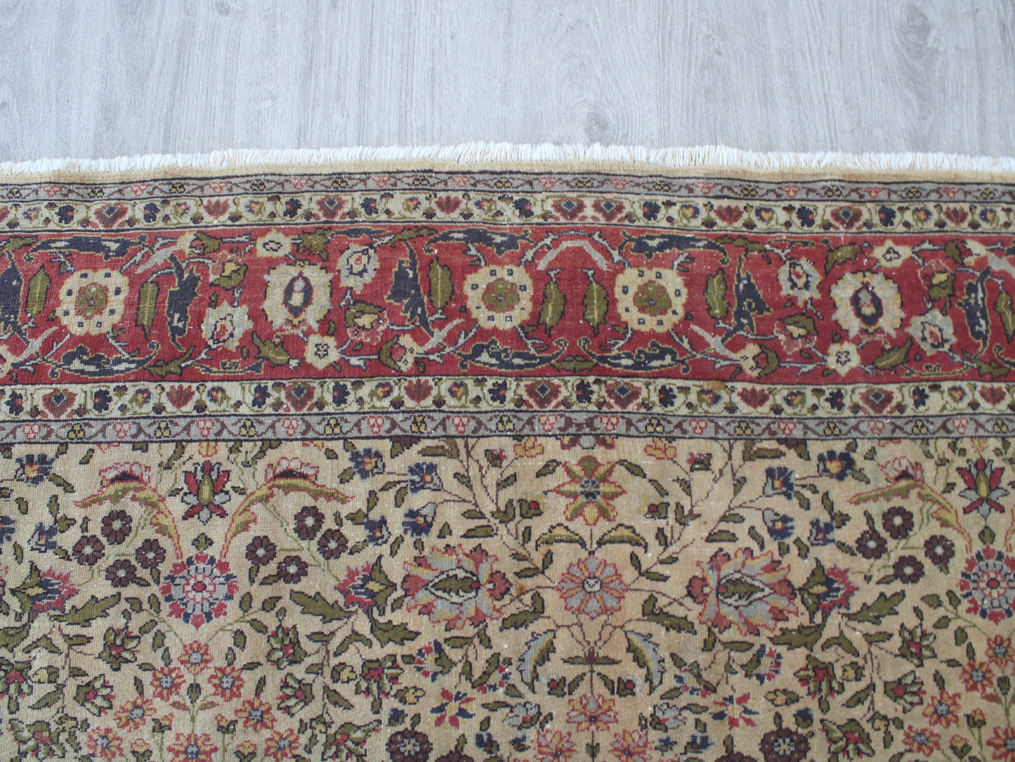 A close-up of an ornate patterned area rug with a cream base, a wide red and beige border, and multicolored floral motifs, laid on a light gray wood floor.