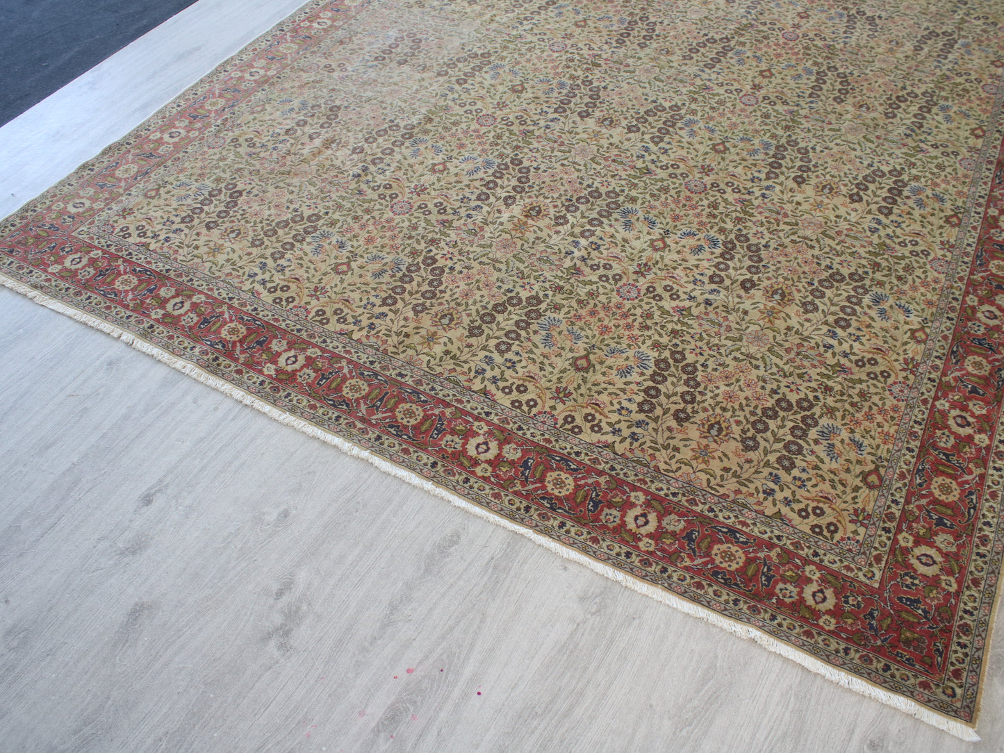 A traditional oriental area rug with an intricate floral pattern, featuring a beige center field and a red border, shown laid out on a light gray wood floor.