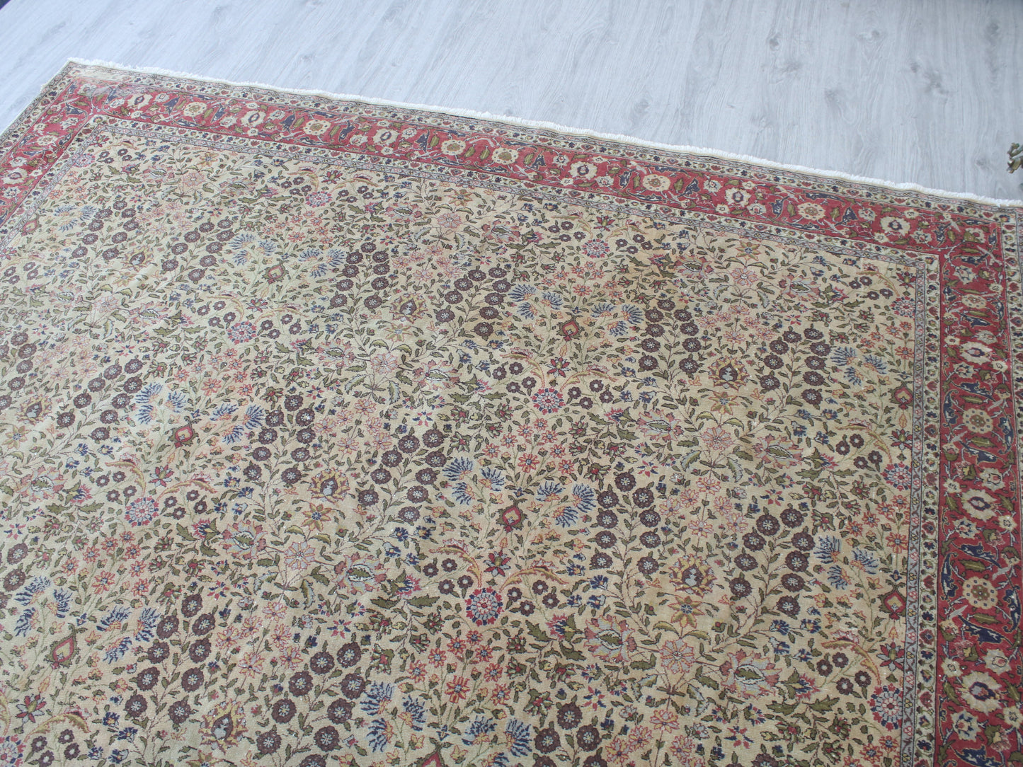 Vintage Persian Runner Rug - 2'6"x12'6" Beige Red Floral Handwoven Wool Rug (77x380 cm)