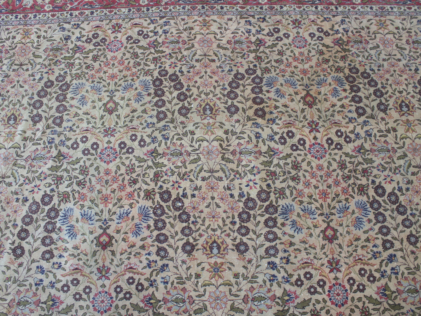 An intricate traditional Persian-style area rug with a dense floral and vine pattern on a beige background, featuring accents of blue, pink, green, and brown.