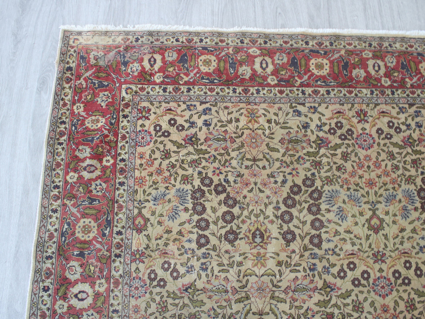 A traditional oriental-style area rug with an intricate floral pattern, featuring a beige field, red borders, and multicolored details, laid out on a light gray floor.